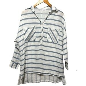 Gigi Moda Women Linen Striped Tunic Top One Size Blue White Coastal Resort Beach